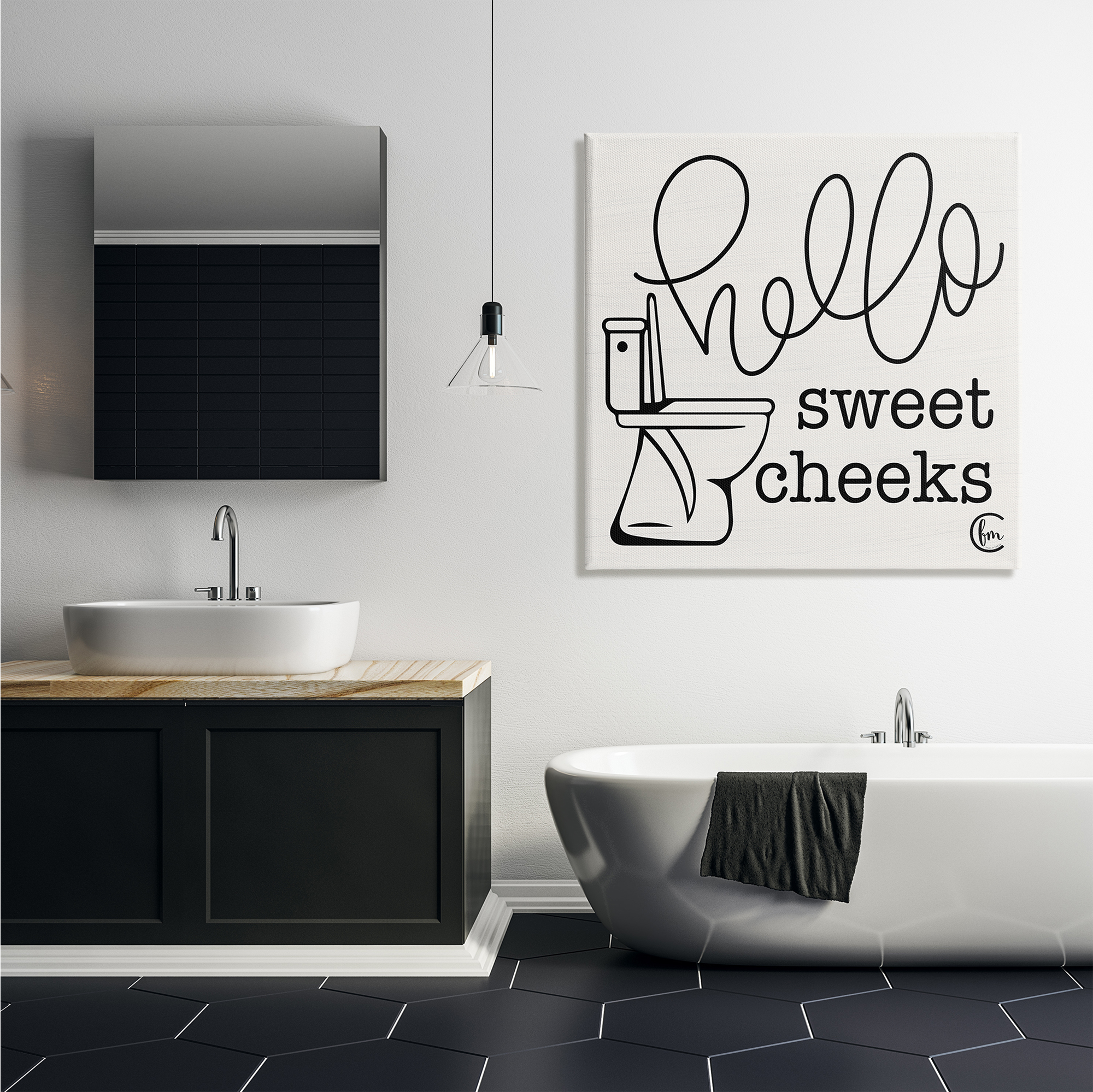 Stupell Industries Toilet Hello Sweet Cheeks Black and White Curly Script Cursive Typography, 36 x 36,Design by Penny Lane Publishing