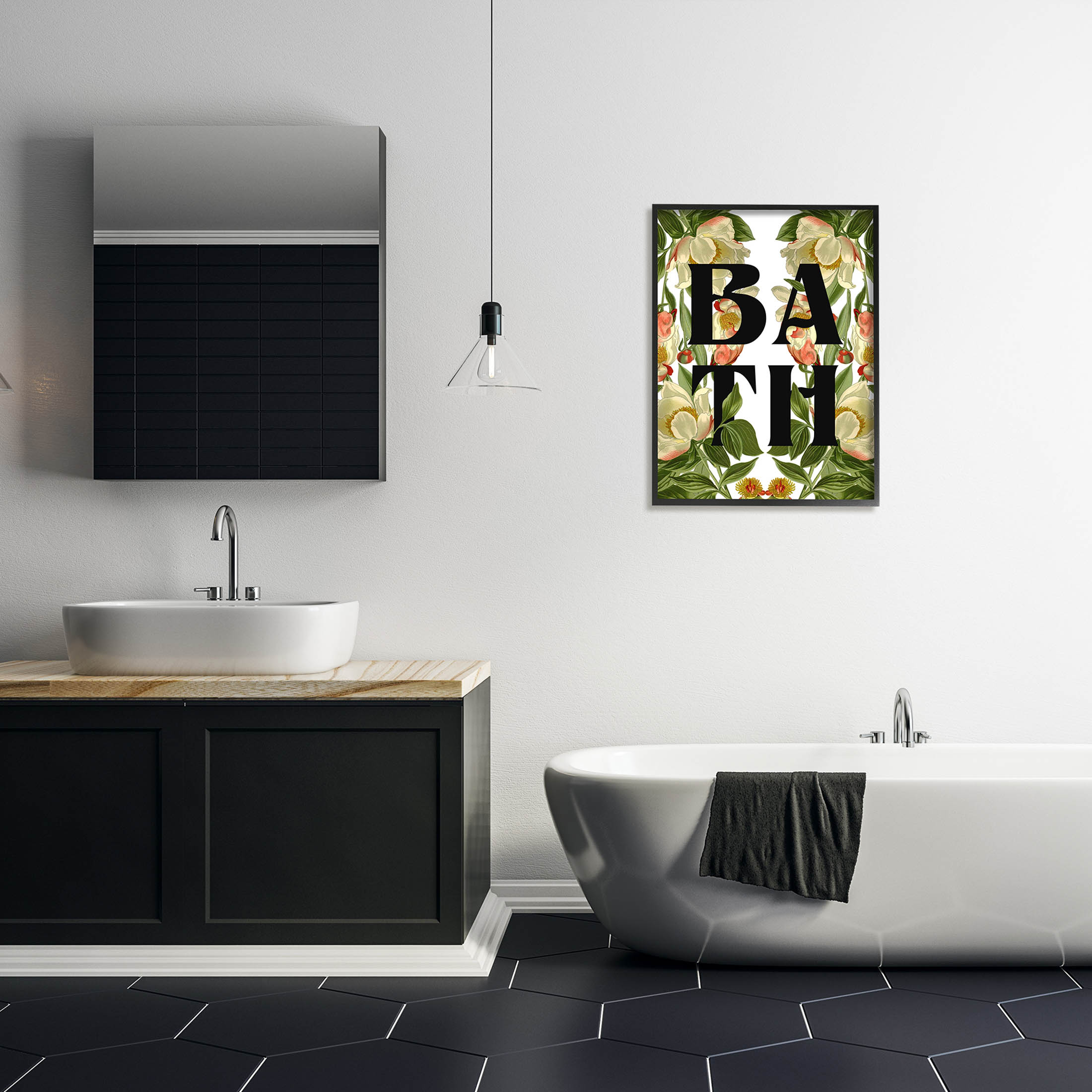 Vintage Bath Flower Blooms Botanical & Floral Graphic Art Black Framed Art Print Wall Art