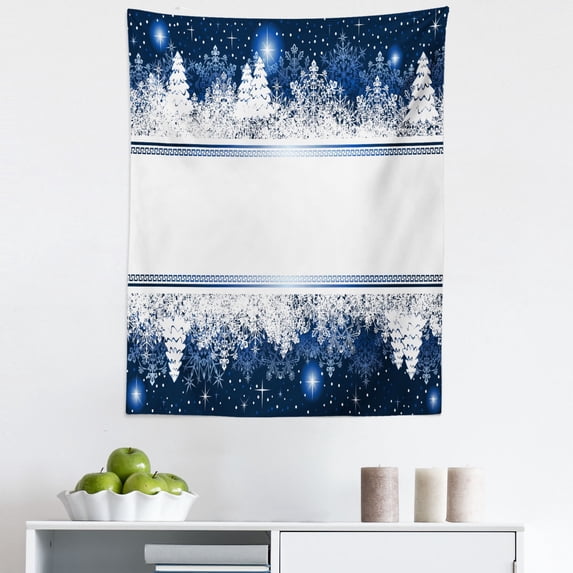 Christmas Tapestry, Frosty Winter Theme Border Abstract Vibrant Trees and Stars Yuletide Art, Fabric Wall Hanging Decor for Bedroom Living Room Dorm, 5 Sizes, Dark Blue White, by Ambesonne