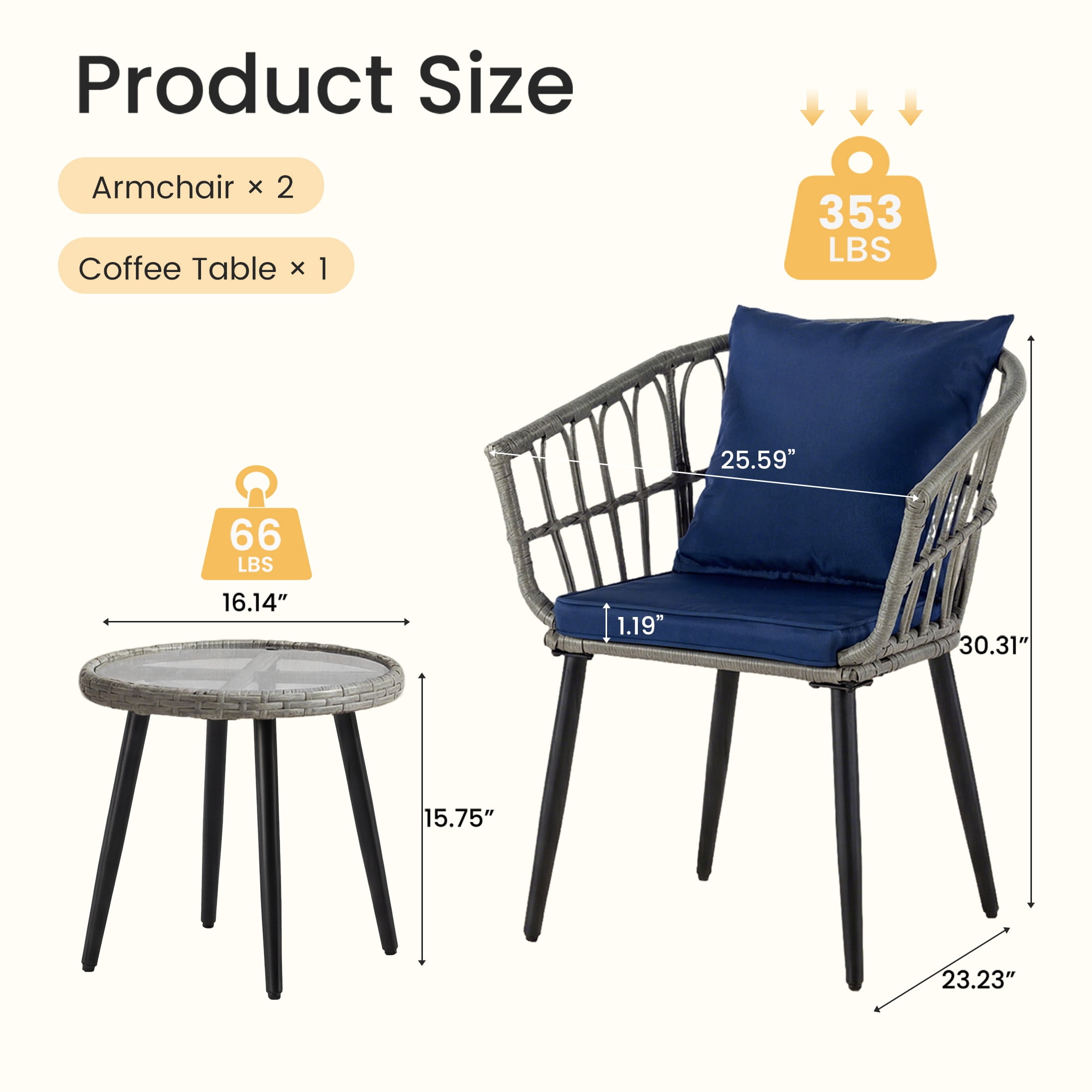 EDX 3 Piece Outdoor Patio Wicker Furniture Set, Rattan Chairs with Tempered Glass Coffee Table, Sturdy Steel Frame, Washable Cushions, for Balcony Backyard Poolside Lawn,Blue
