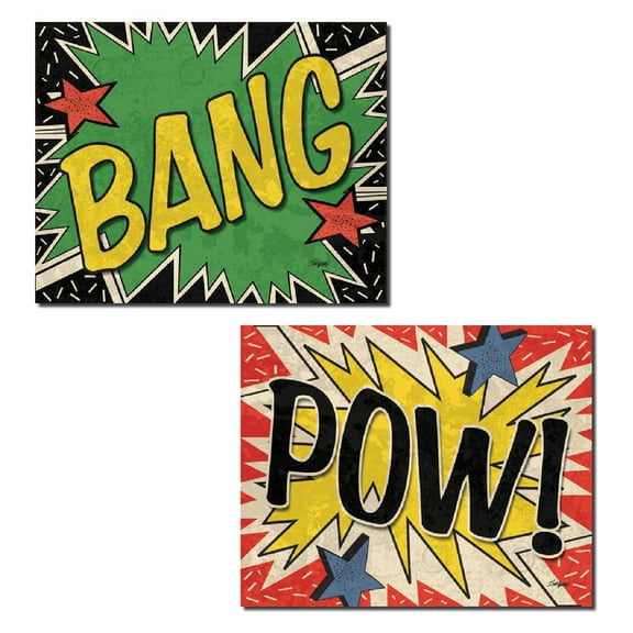 Modern Red Yellow and Green Superhero Bang and Pow Kid Decor; 2- 14" x 11" Unframed Prints