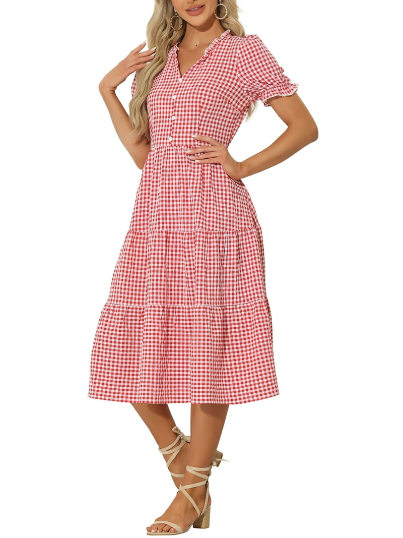 Inspire Chic Women's Gingham Dress Summer Ruffle Trim V Neck Button Decor Flowy Midi Dresses Red M