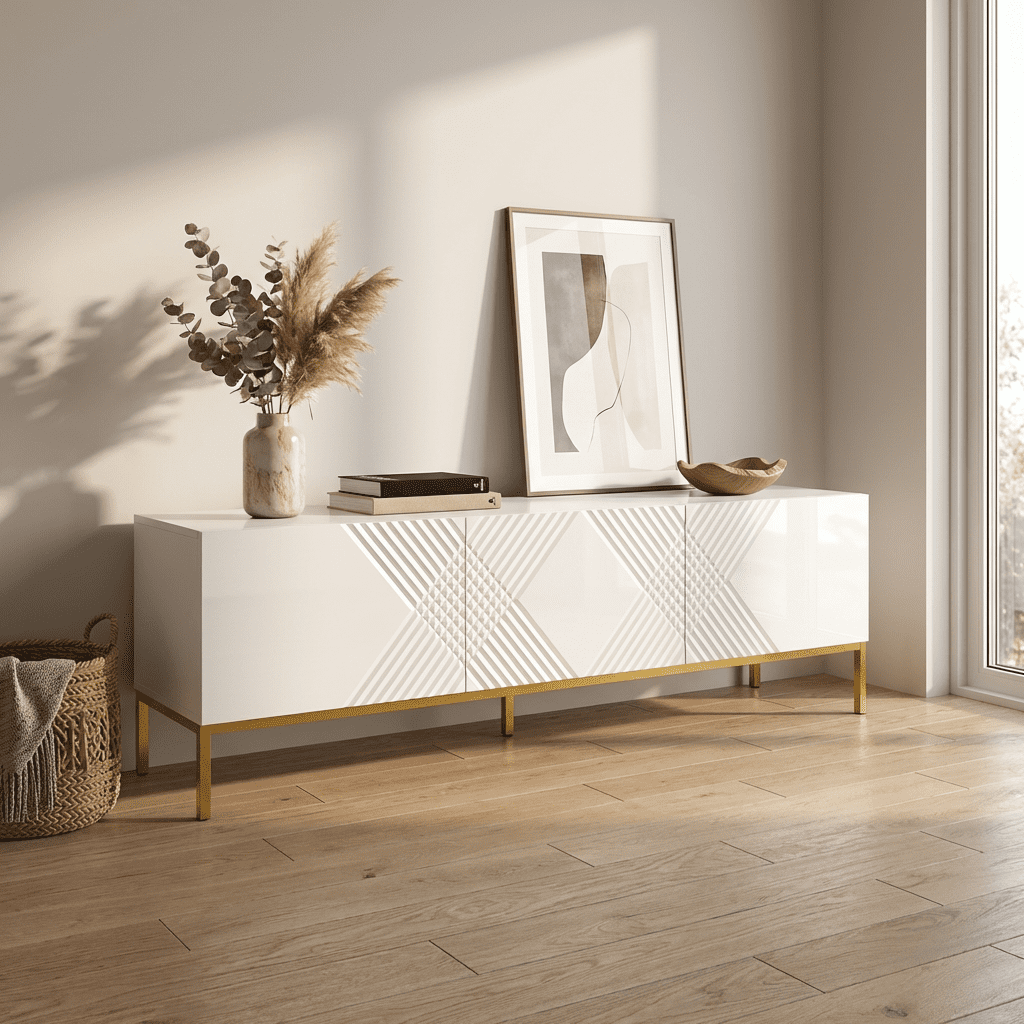 Exito 01 TV Stand for TVs up to 85", Mid-Century Modern High Gloss 75" Entertainment Center, TV Media Console with Storage Cabinets