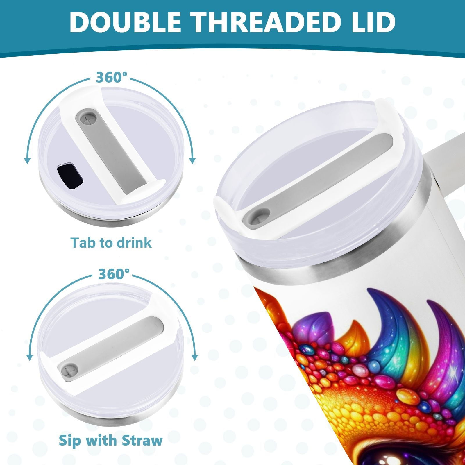 JSTEL Cute Rainbow Baby Dragon 30 oz Tumbler Stainless Steel Water Bottle Vacuum Insulated Cup with Straw Lid & Handle For Travel Car Cup Holder