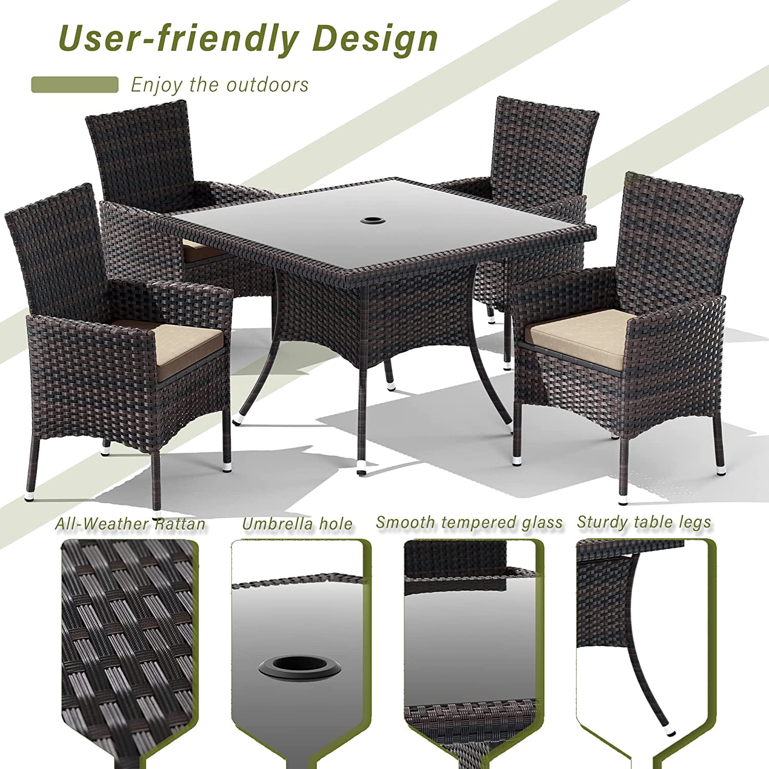 ALAULM 5 Pieces Patio Dining Set Outdoor Rattan Furniture with Square Glass Tabletop 4 Chairs with Cushions for Patio, Backyard Outdoor Kitchen Lawn & Garden Sand