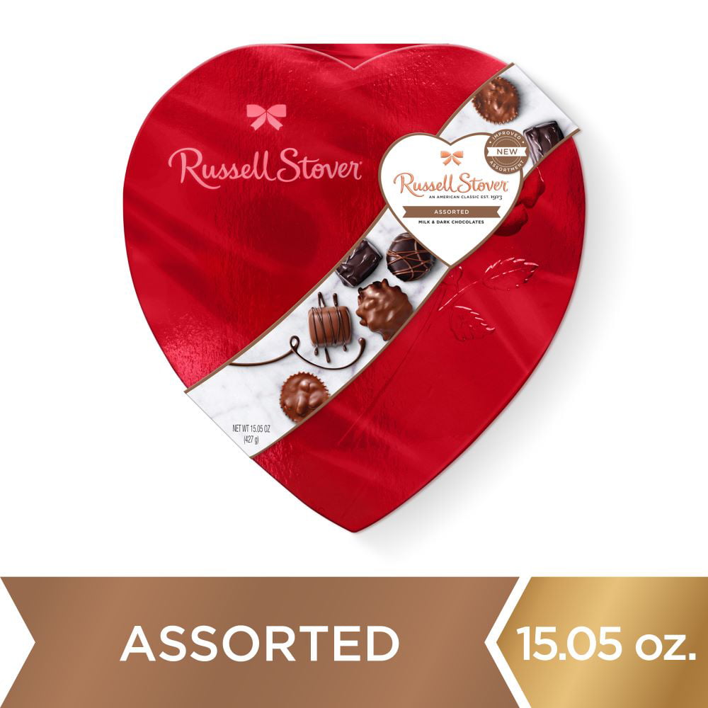 Russell Stover Valentine's Day Red Foil Heart Assorted Milk & Dark Chocolate Gift Box, 15.05 oz. (26 Pieces)