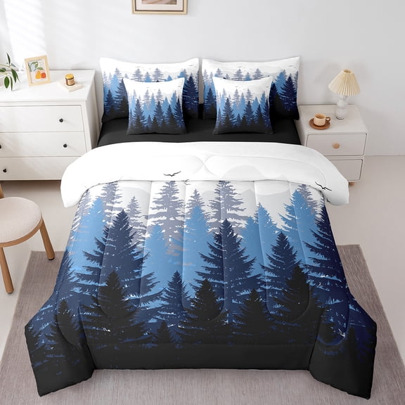 Feelyou Woodland Botanical Bedding Comforter Set 7 Pieces for Adult, Blue Tree Plant Full Bedding Set, Rustic Farmhouse Reversible Fitted Sheet Flat Sheet, Luxury Bedroom Decor
