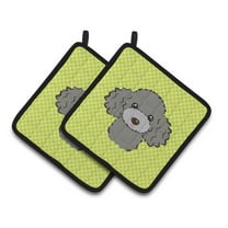 Checkerboard Lime Green Silver Gray Poodle Pair of Pot Holders