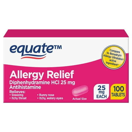 Equate Diphenhydramine HCl 25 mg Antihistamine Complete Allergy Tablet, 100 Count