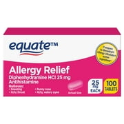 Equate Diphenhydramine HCl 25 mg Antihistamine Complete Allergy Tablet, 100 Count