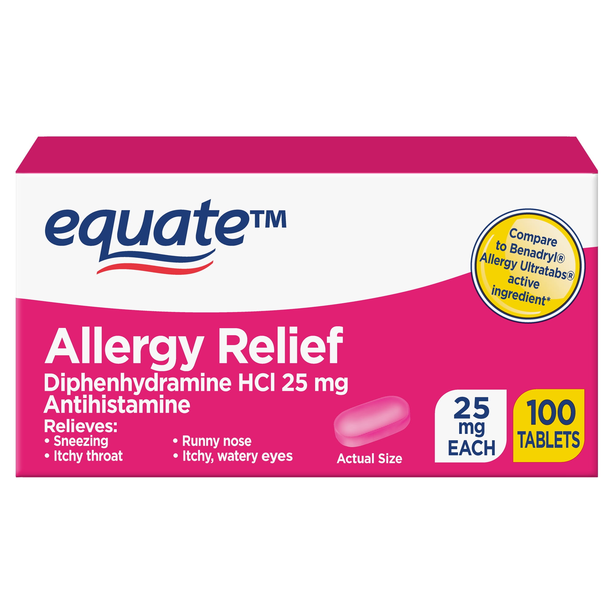 Equate Diphenhydramine HCl 25 mg Antihistamine Complete Allergy Tablet, 100 Count