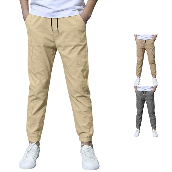 WAYUTE Pants for Boys Summer Slim Fit Solid Color Linen Pants with Pockets and Drawstring Lightweight Trousers for Kids Youth Casual Outdoor,8-9 Y,Beige