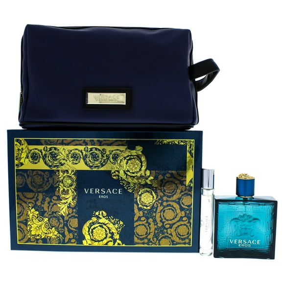 Versace Eros by Versace for Men - 3 Pc Gift Set 3.4oz EDT Spray, 0.33oz EDT Spray, Blue Trousse
