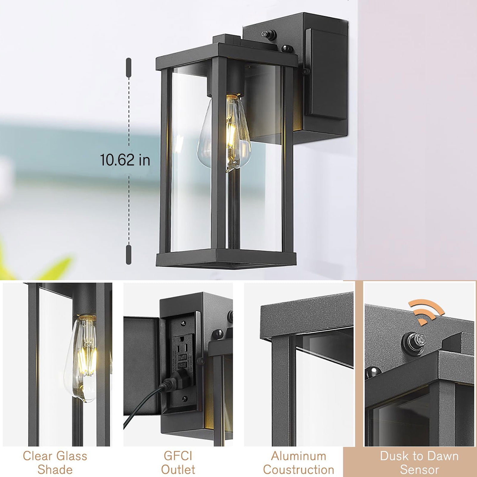 Porch Light With GFCI Outlet Dusk To Dawn Outdoor Light Exterior Lighting Fixtures Wall Mount For House Patio Garage Hallway,1 Pack