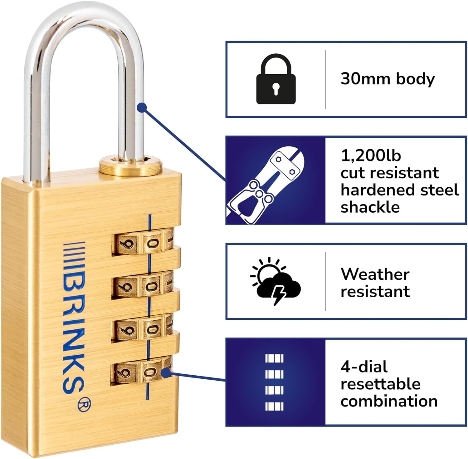 Brinks Solid Brass 30mm Resettable Combination Padlock with 1 3/16