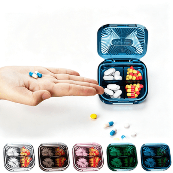 Hyknon Storage Box, 4 Compartment Small Daily Pill Organizer with Transparent Lid, Portable Divided Travel Storage Case, Compact Pocket Organizer Case for Travel Vitamin Supplements Daily Use, White