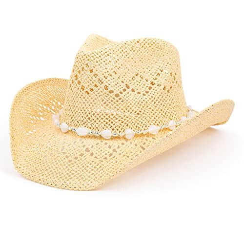 TOVOSO Western Cowgirl Hat Straw Cowboy Hat for Women with Shapeable Brim Beaded Hearts Trim Shapeable Cowboy Hat Beige Walmart