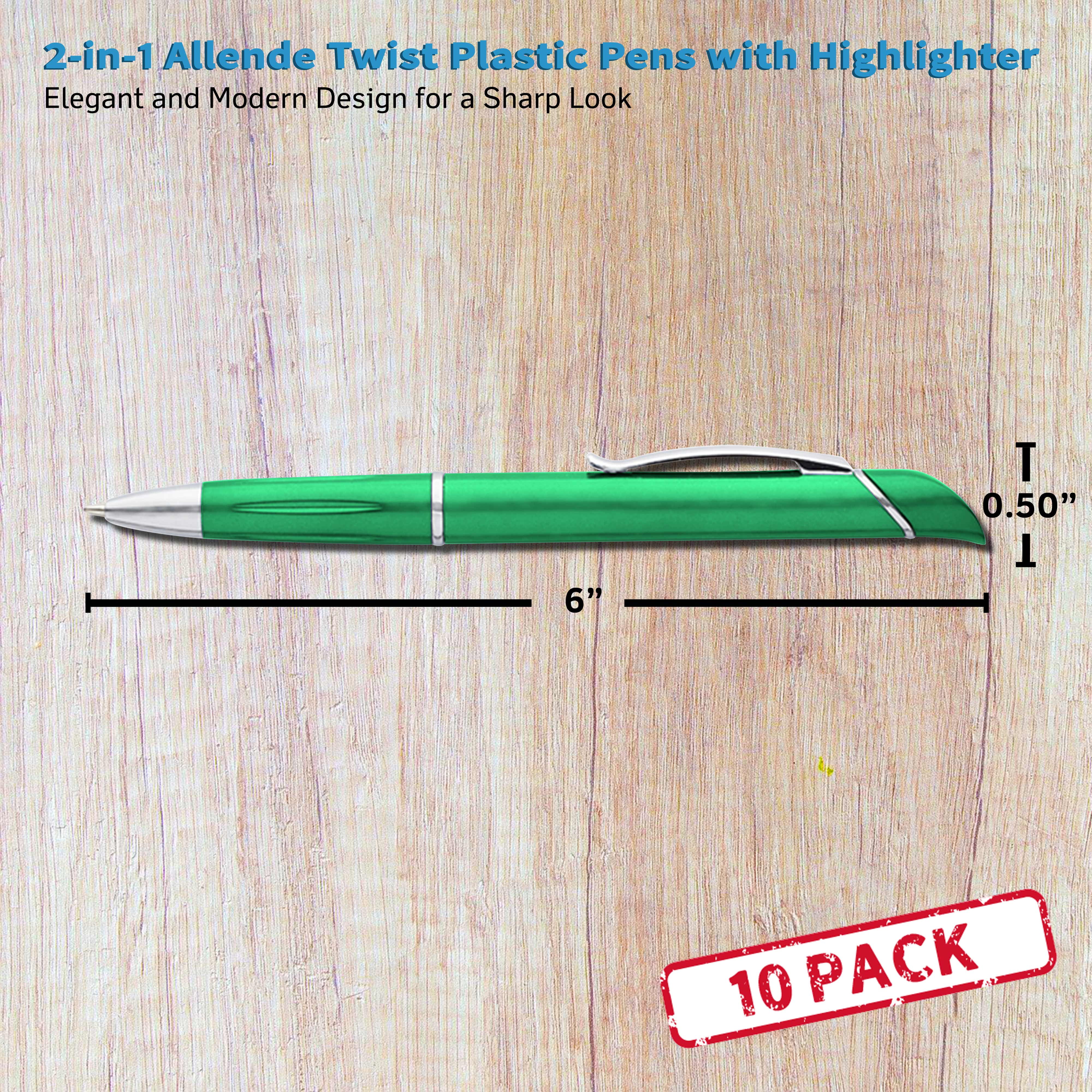 10 Allende Twist Plastic Pens with Highlighter Pack - Stylish, Durable, Black Ink - Green