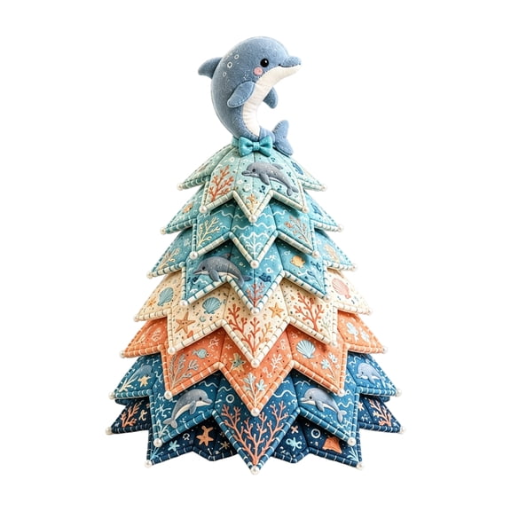 Ocean Friends DIY Patchwork Christmas Tree Kit, Quilted Fabric Christmas Tree Craft with Dolphin Topper, Christmas Patchwork Kit for Shelf Mantel Christmas Decorations