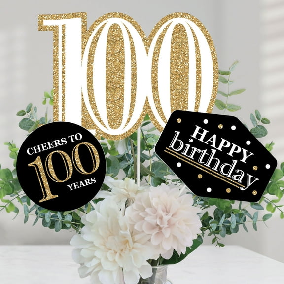 Big Dot of Happiness Adult 100th Birthday - Gold - Birthday Party Centerpiece Sticks - Table Toppers - Set of 15