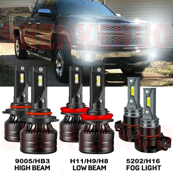 For Chevrolet Silverado 1500 2007-2015 Led Headlights 30000LM 9005 High Beam H11 Low Beam 5202 Fog Light Bulbs
