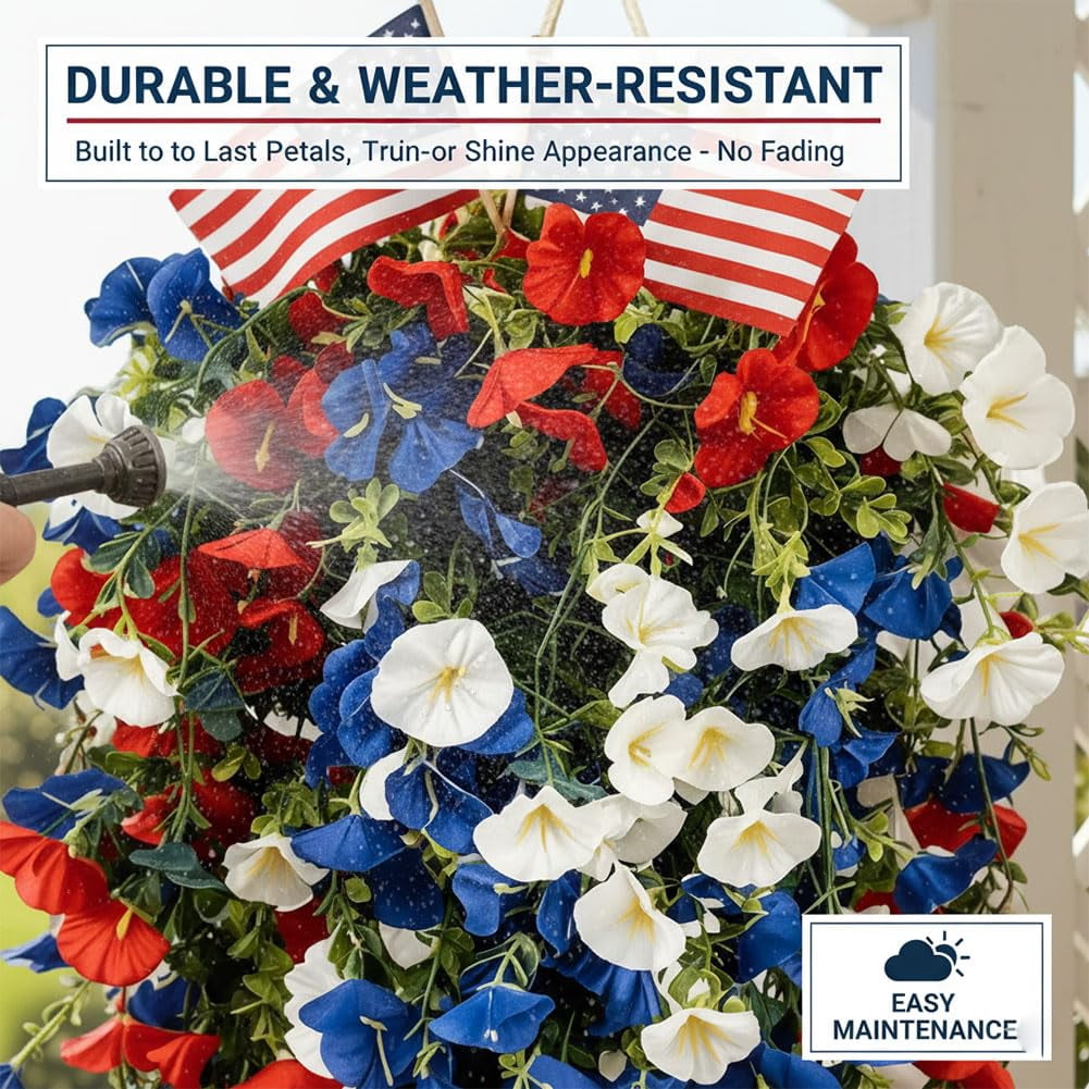 Red White and Blue Hanging Flowers, Red White and Blue Artificial Flowers for Outdoors Decorations, for Independence Day Decor