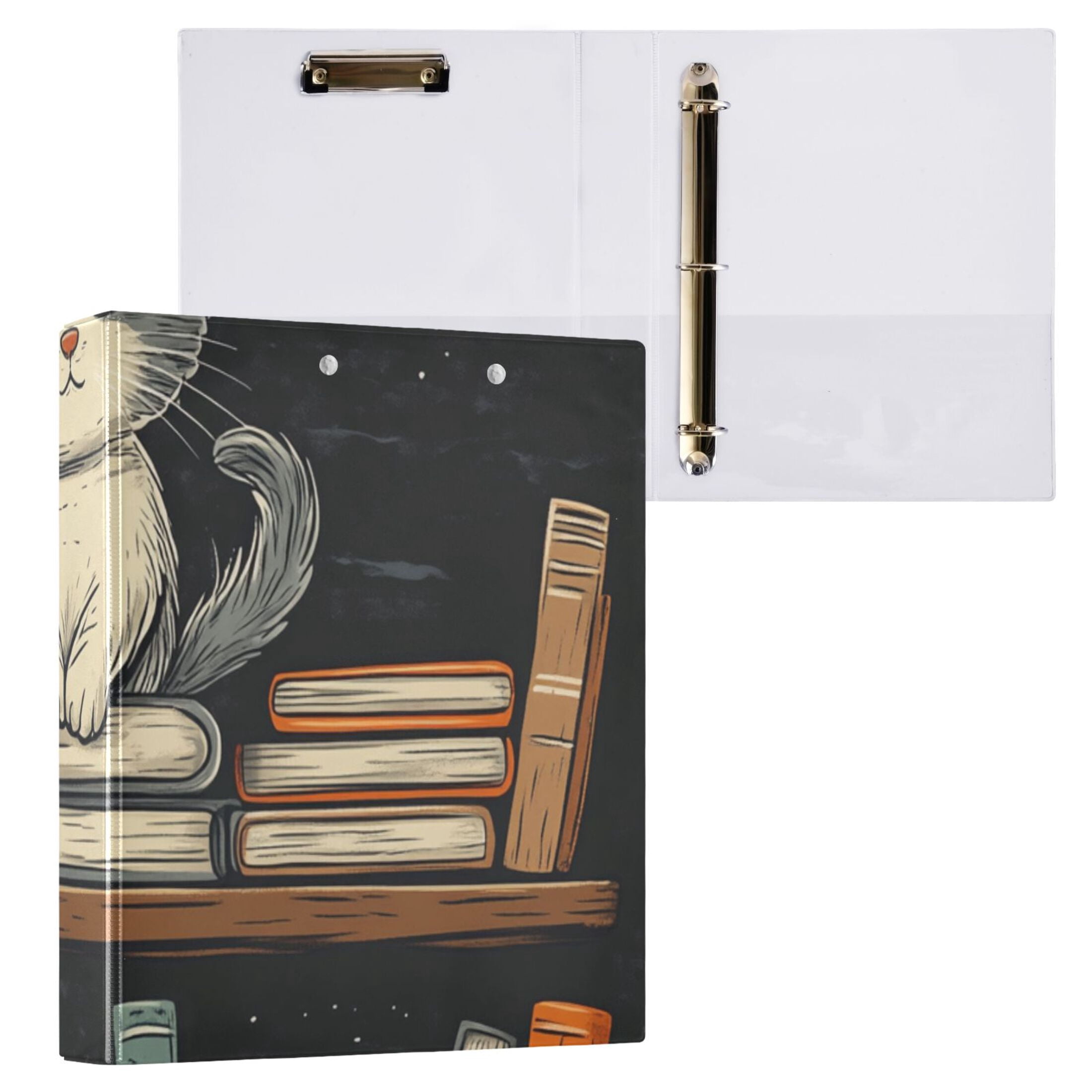 Cat in Bookshelf 3 Ring Binders 1.5 inch Hardcover File Folders with Interior Pockets A4 Size Organizer for School Office Hospital