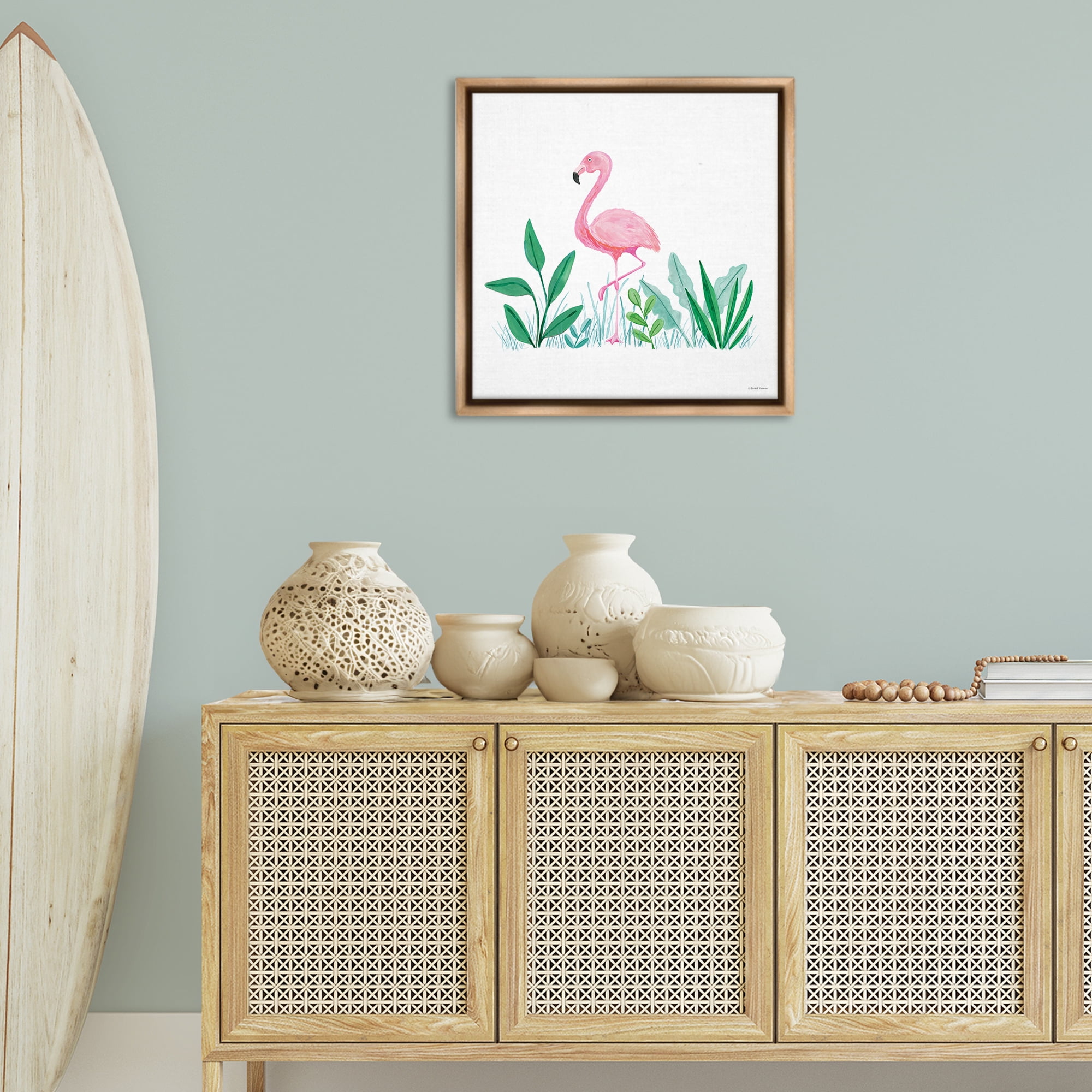 Stupell Industries Summer Flamingo & Fronds Animals Painting Brown Floater Framed Canvas Art Print Wall Art, 25 x 25