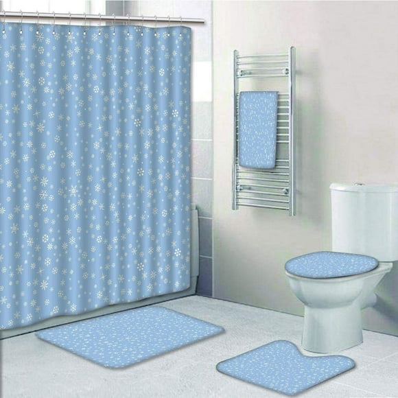 EREHome Winter Cute Little Snowflakes Falling from the Sky December New Year`s Eve Blizzard Icons 5 Piece Bathroom Set Shower Curtain Bath Towel Bath Rug Contour Mat and Toilet Lid Cover