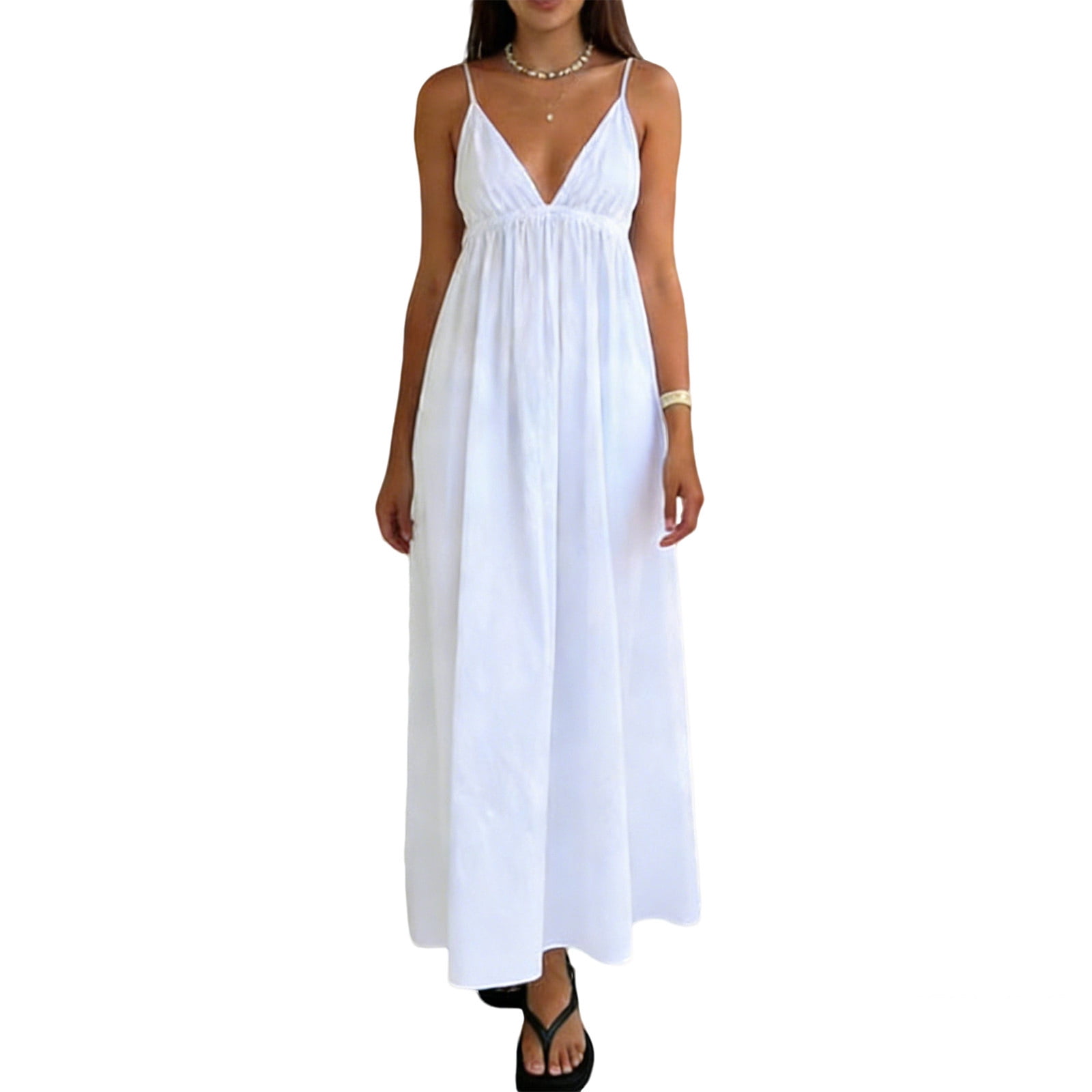 LVHAOGJOB Trendy Dress for Women Sleeveless Spaghetti Strap Summer Dress Maxi Backless Beach Ladies Sundress Solid
