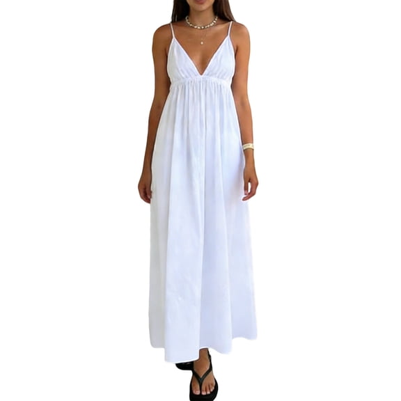 Qgtaibl Womens Spaghetti Straps Beach Dress V Neck Pleated Tunic Dress Summer Solid Color Lounge Dress Comfy Lightweight Flowy Vacation Dresses Summer Cropped top Dress White M