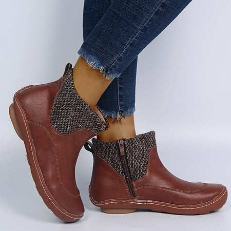 

Retro Women Leather Flat Zipper Solid Color Short Booties Round Toe Shoes Brown 8