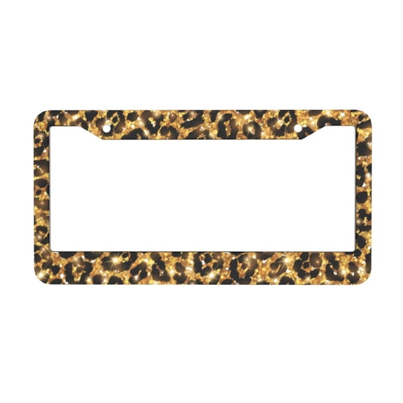 License Plate Frame Metal Car Accessories License Plate Cover Fits Standard U.S. Vehicles 12.3x6.3 Inches for Men Women Gift Round Hole Gold Glitter Aesthetic Unique Beauty Leopard Pattern