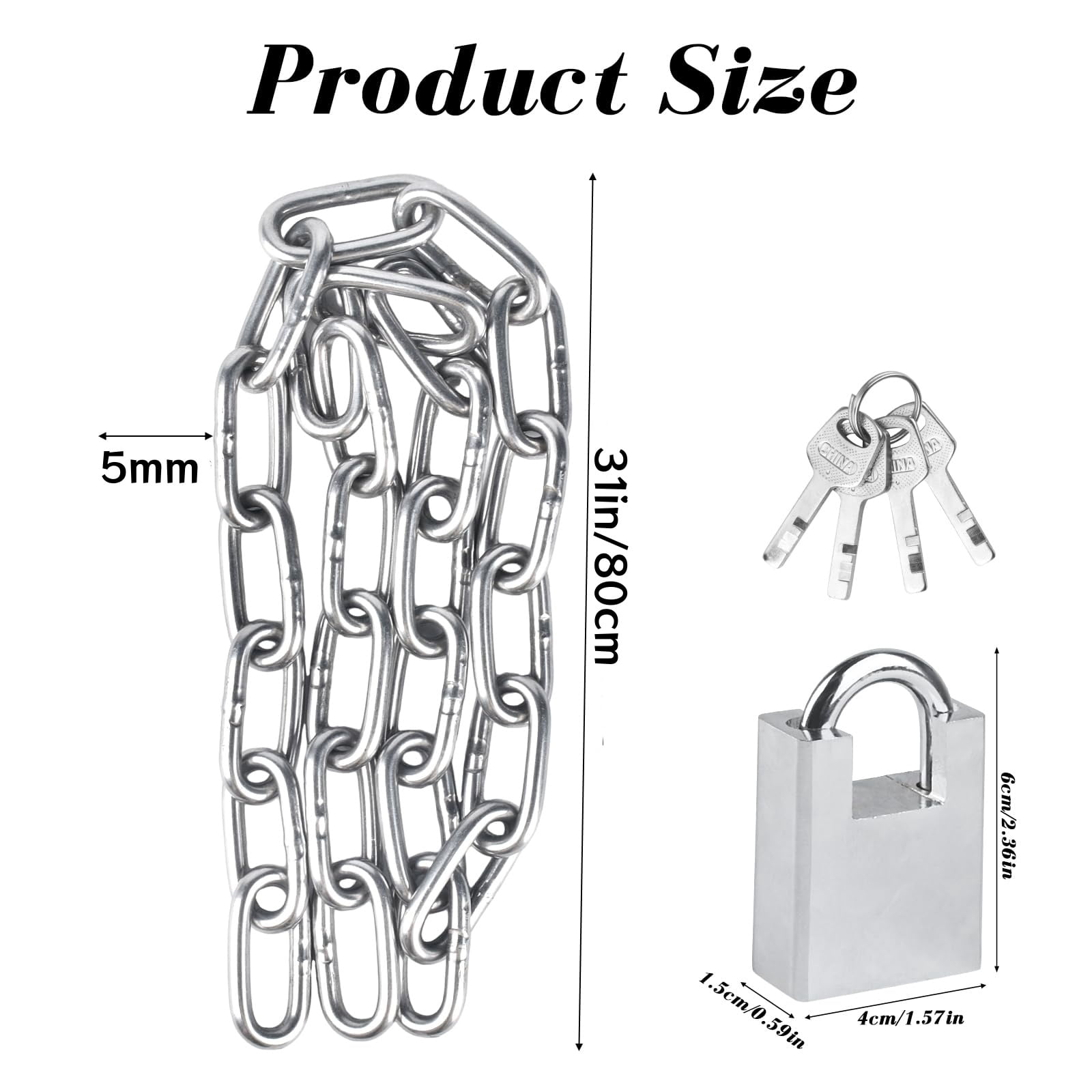 Stainless Steel Security Chain and Lock Kit 31 inch/6mm Thick Bike Chain Lock with 4 Keys Bike Locks Heavy Duty Anti Theft Bicycle Lock for Mountain City or Electric Bike Bicycle, Motorcycle
