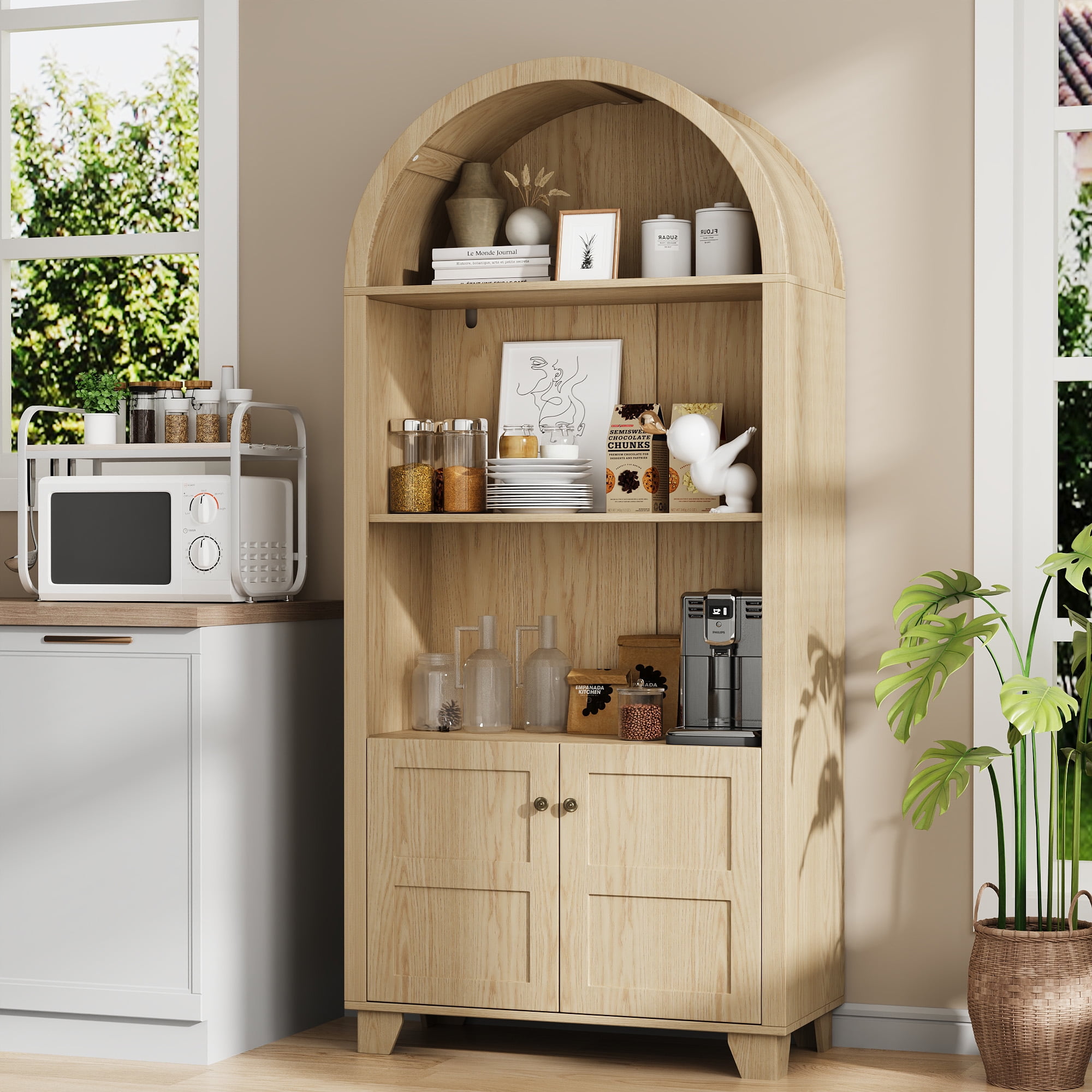 70'' Tall Arched Cabinet, Arched Kitchen Pantry Cabinet with 2 Doors and 5shelves, Open Storage Cabinets Display Bookcase, Versatile Cupboard for Living Room(Wood color)