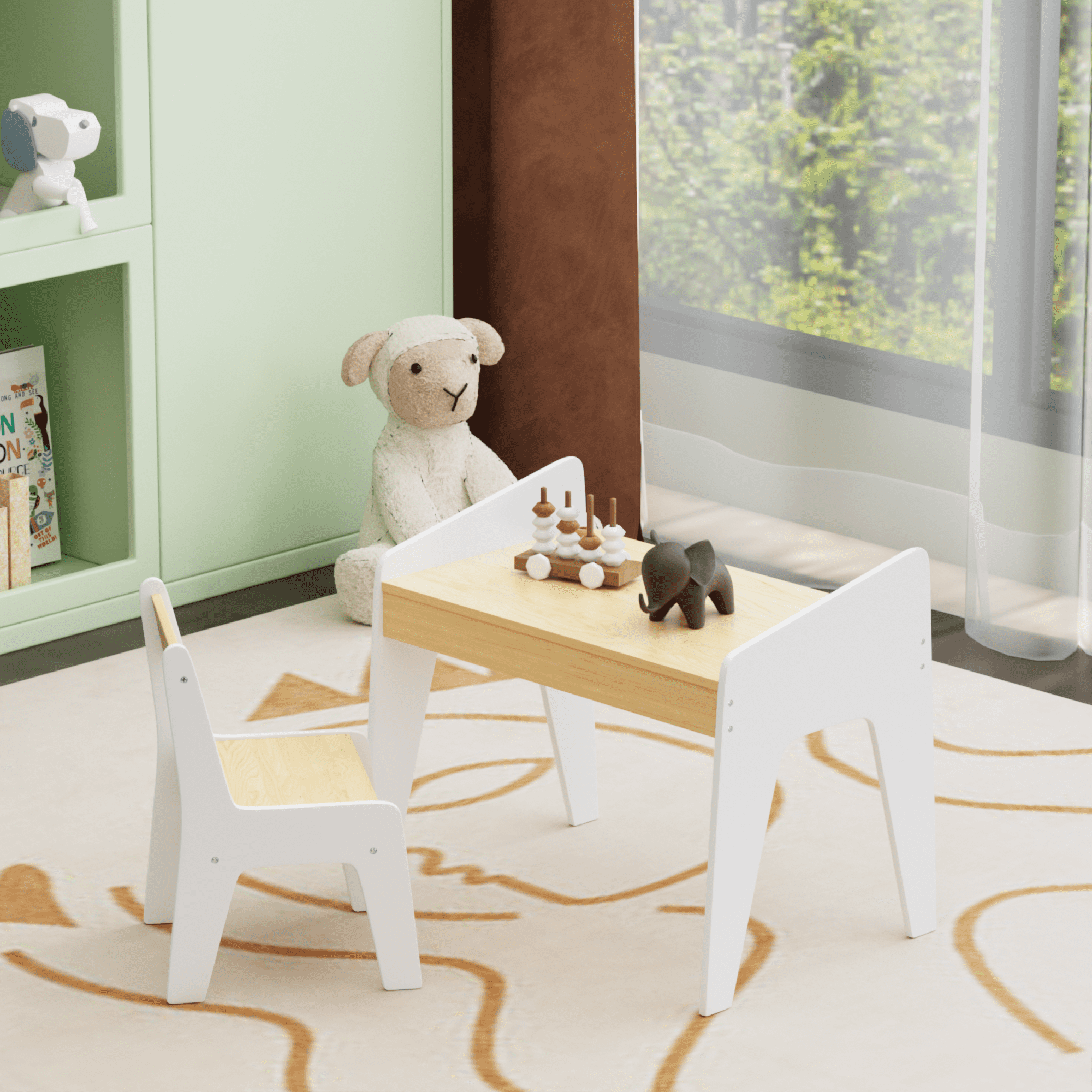 Kids Furniture Kids Table Set with One Chair, Wooden Children Study Table, 2-8 Age Kids Funiture , White+Natural,Baby Furniture