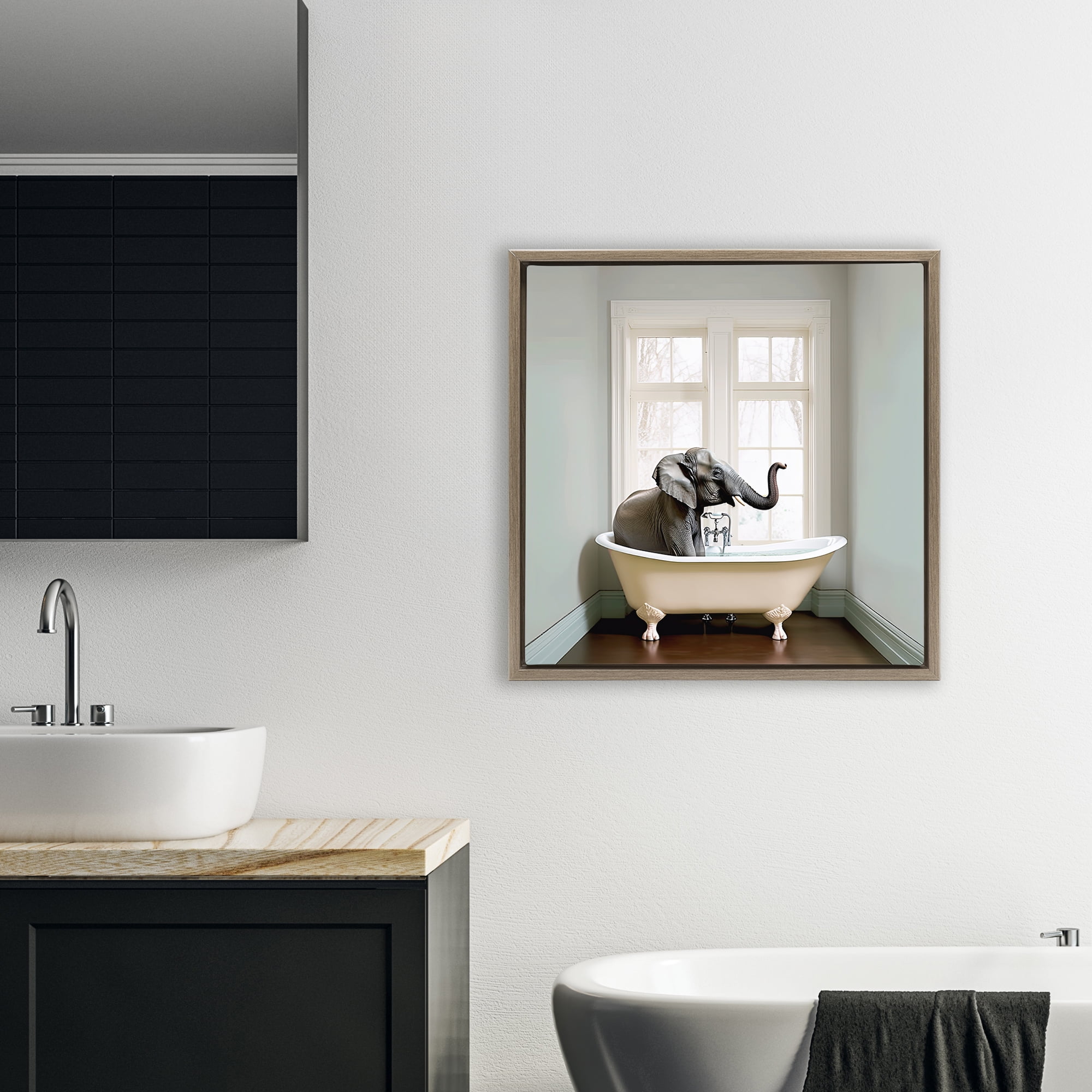 Minimal Elephant Bathtime Brown Framed Floater Canvas Wall Art, design by Sasha