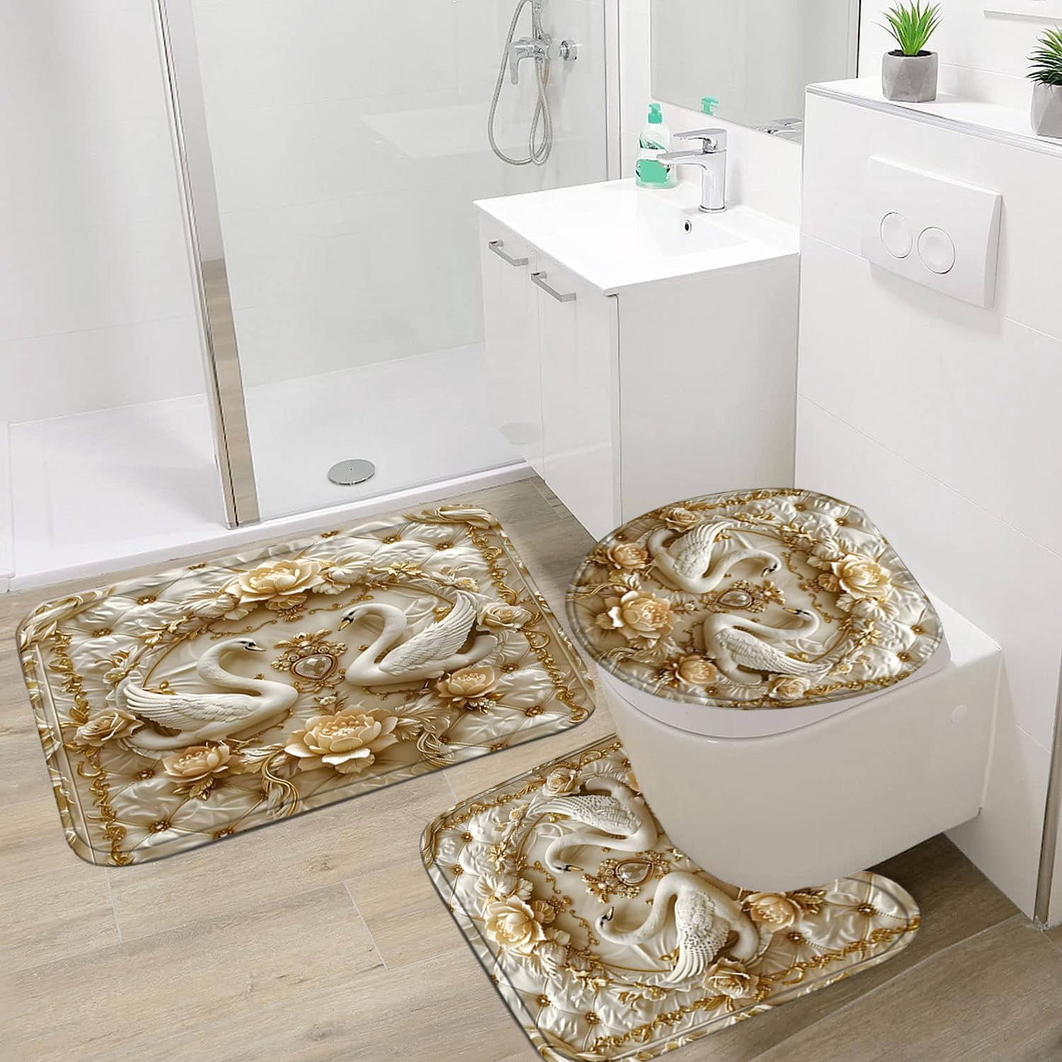 4Pcs Spring Themed Shower Curtain Set with Rugs Vintage Butterflies Bathroom Sets Floral Shower Curtain with 12 Hooks Bathroom Decor with Rugs Bath Accessories with Mats Toilet Lid Cover