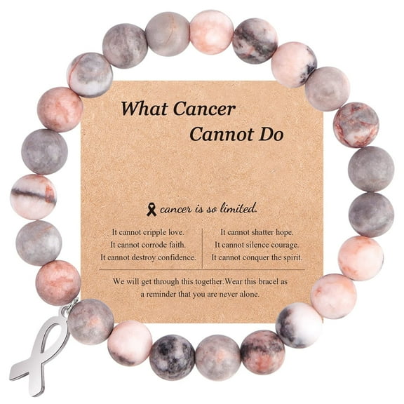 Breast Cancer Bracelet - Natural Stone Beads with Ribbon Charm Inspirational Gifts for Women