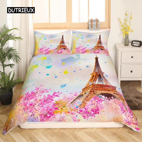 Valentine Day King Duvet Cover Paris Eiffel Tower Bedding Set Pink Watercolor Tulips Flowers Balloo