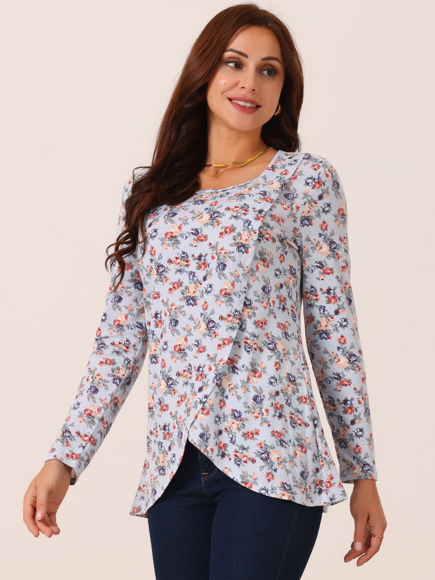 DARING DIVA Women's Long Sleeve Floral Tops Pullover Tunic Shirts L Grey Blue