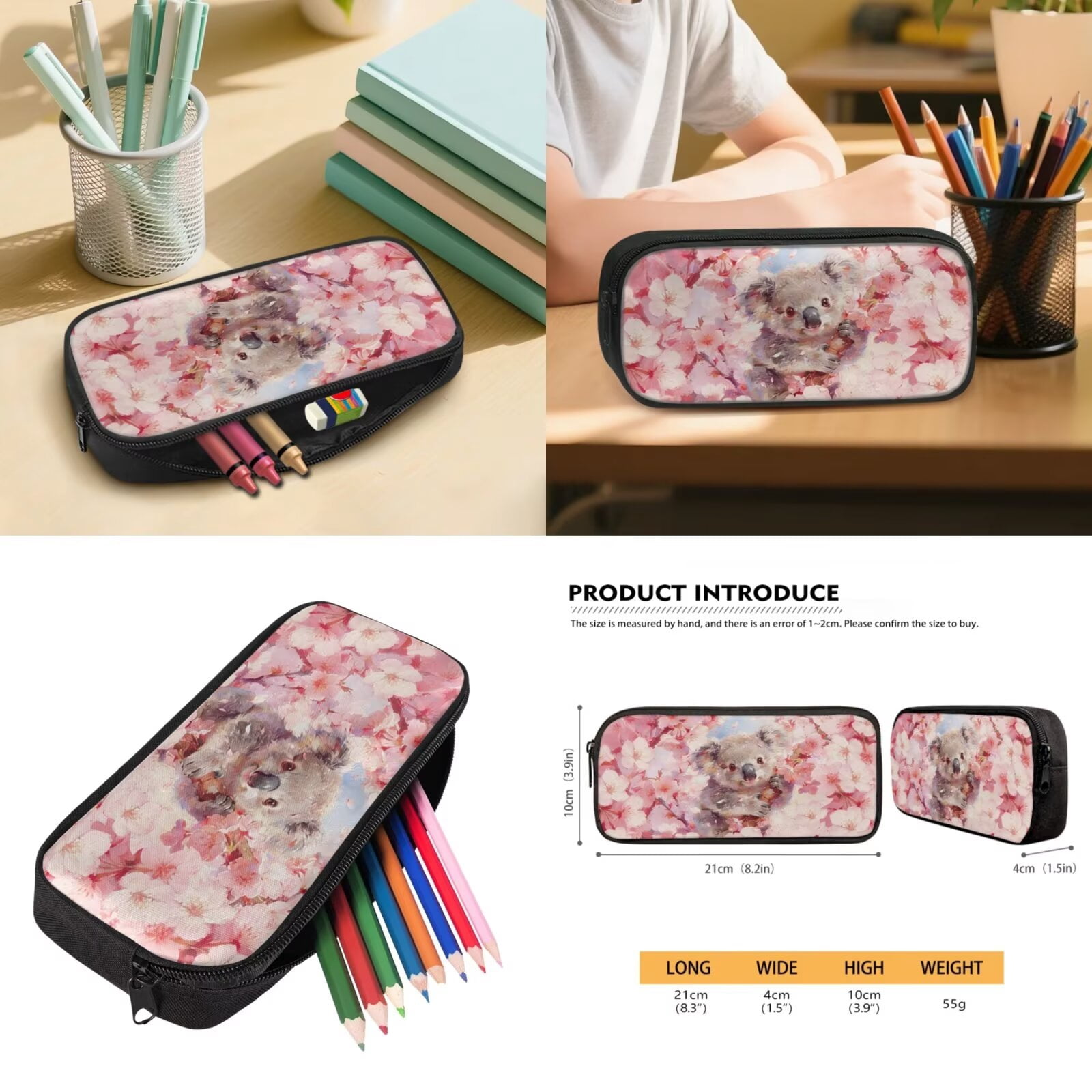 Pzuqiu Cherry Blossom Koala Kids Backpack School Bag Set with Lunch Box Pencil Case Water Bottle Bag 5 Piece Bookbags with Adjustable Shoulder Strap for Girls Teens