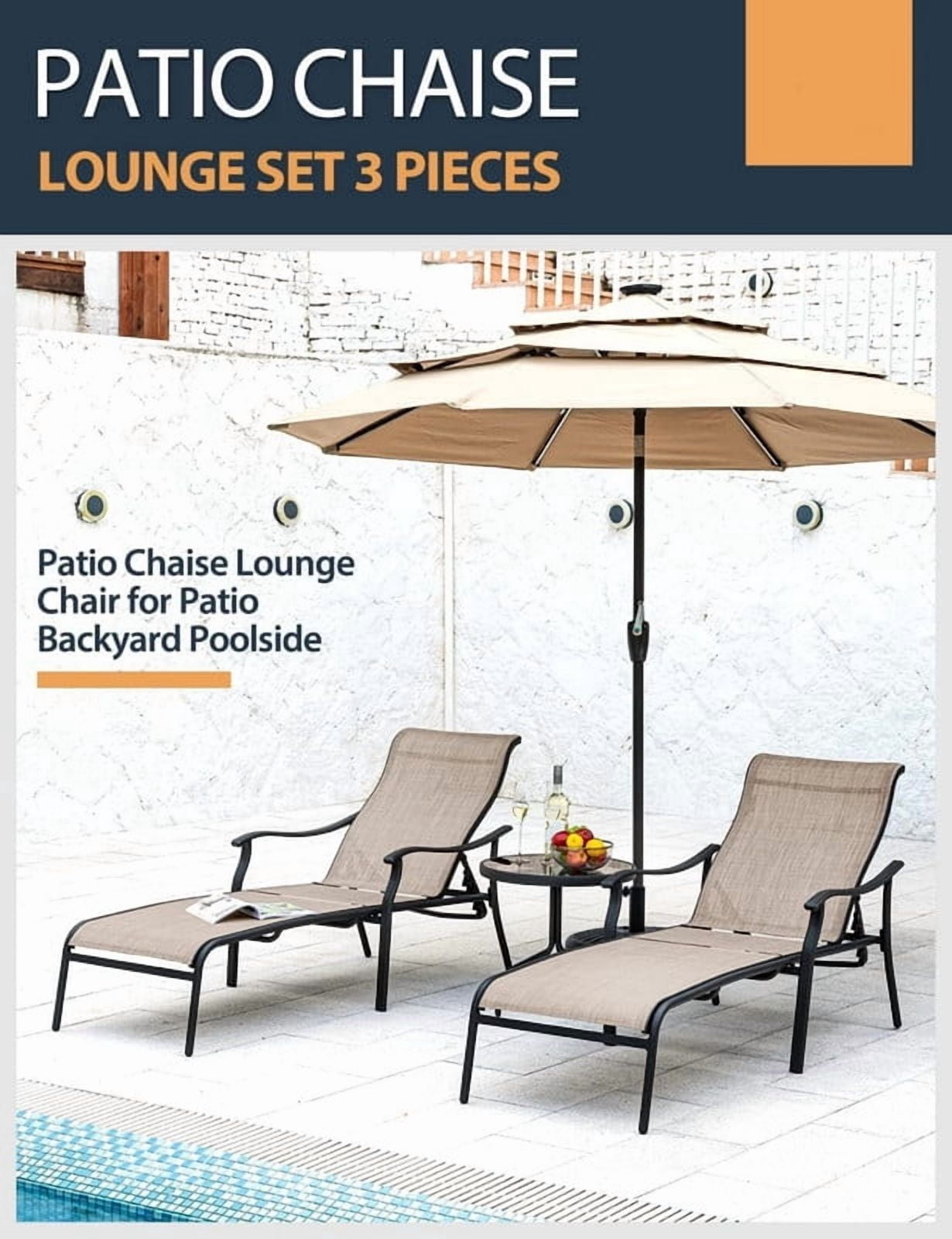 3-Piece Patio Chaise Lounge Set, Double Patio Lounge Chair with Glass Coffee Table, Patio Converstaion Set for Poolside Backyard
