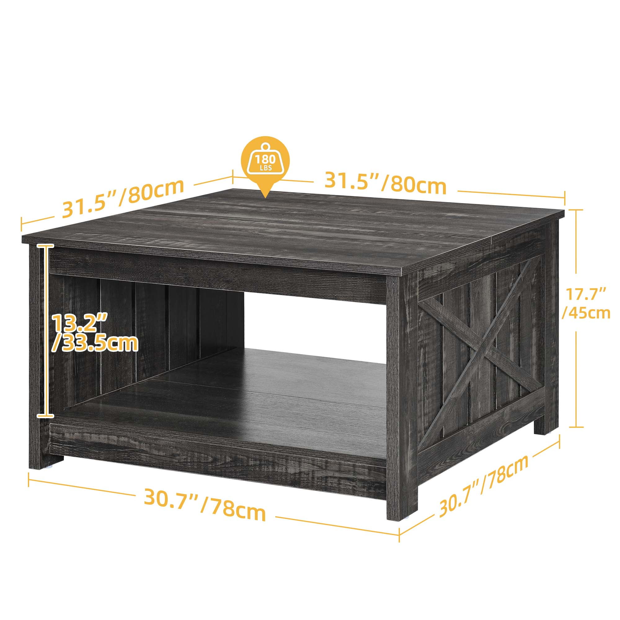 DWVO Square Coffee Table with Storage Farmhouse Living Room Table with Barn Door, Dark Grey