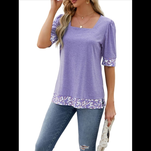 Camiseta de Verano para Mujer, Estilo Casual, de Corta y Cuello Cuadrado, Holgada, con Estampado de Vaca y Bloques de Color. Púrpura M