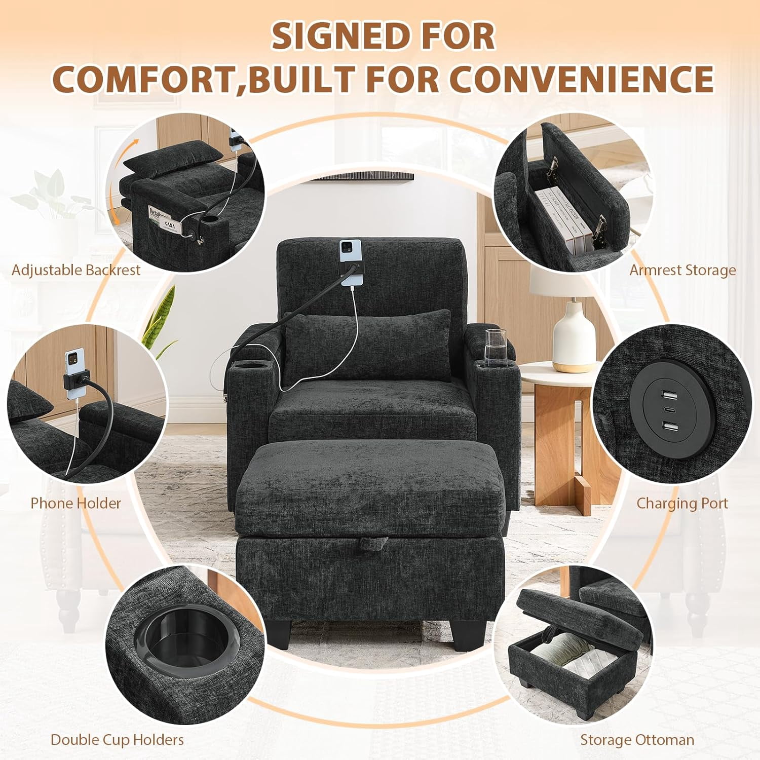 MOONMISS Oversized Chaise Lounge Chair Indoor, Single Convertible Recliner Reading Arm Sofa Chair W/Adjustable Backrest & Charging Port Couch Bed for Living Room, Home Theater & Bedroom,Black