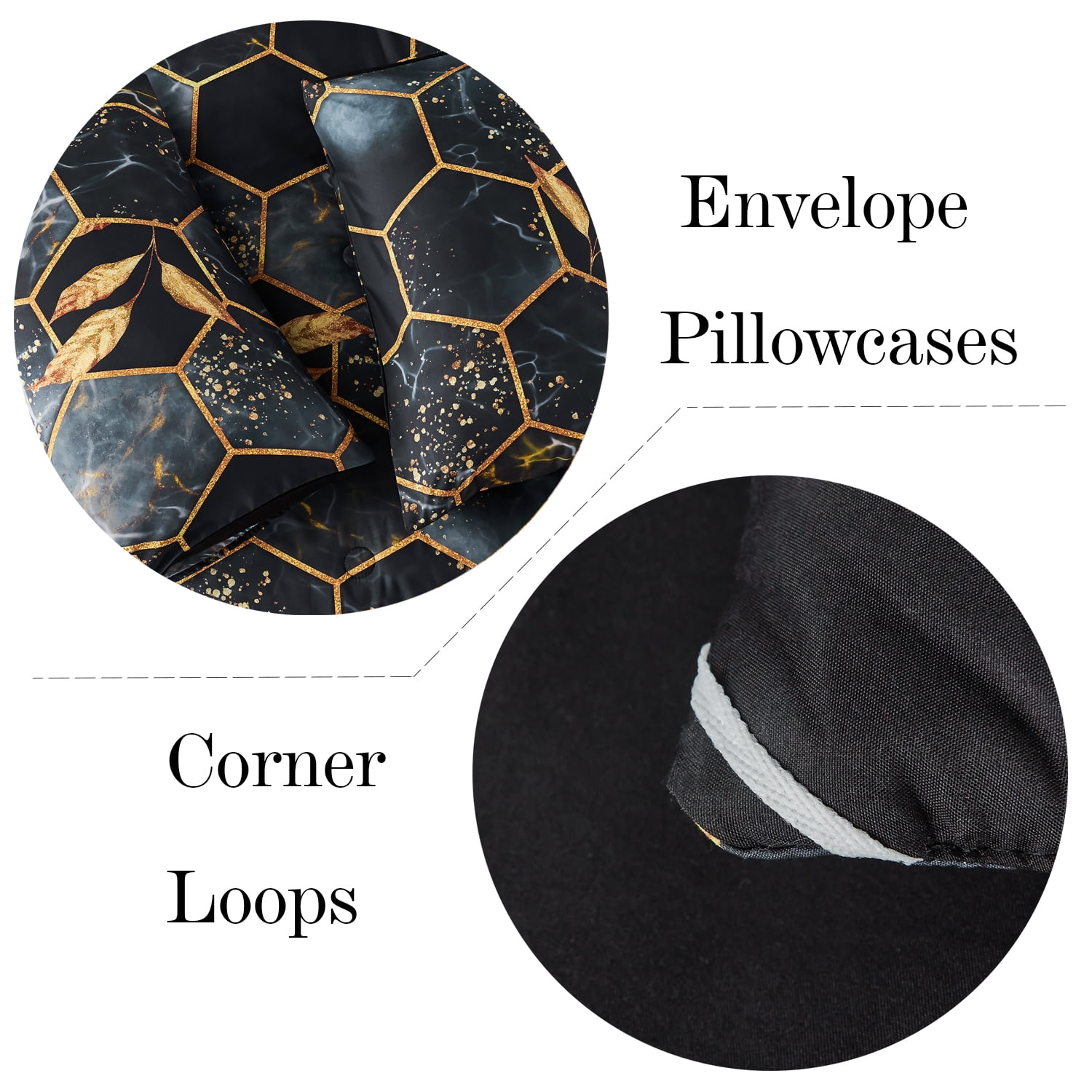 RYNGHIPY 3-Piece Black Comforter Set Full Size Honeycomb Hexagon Bedding Sets Black Gold All Season Marble Bed Set Full Down Alternative (Black Full)