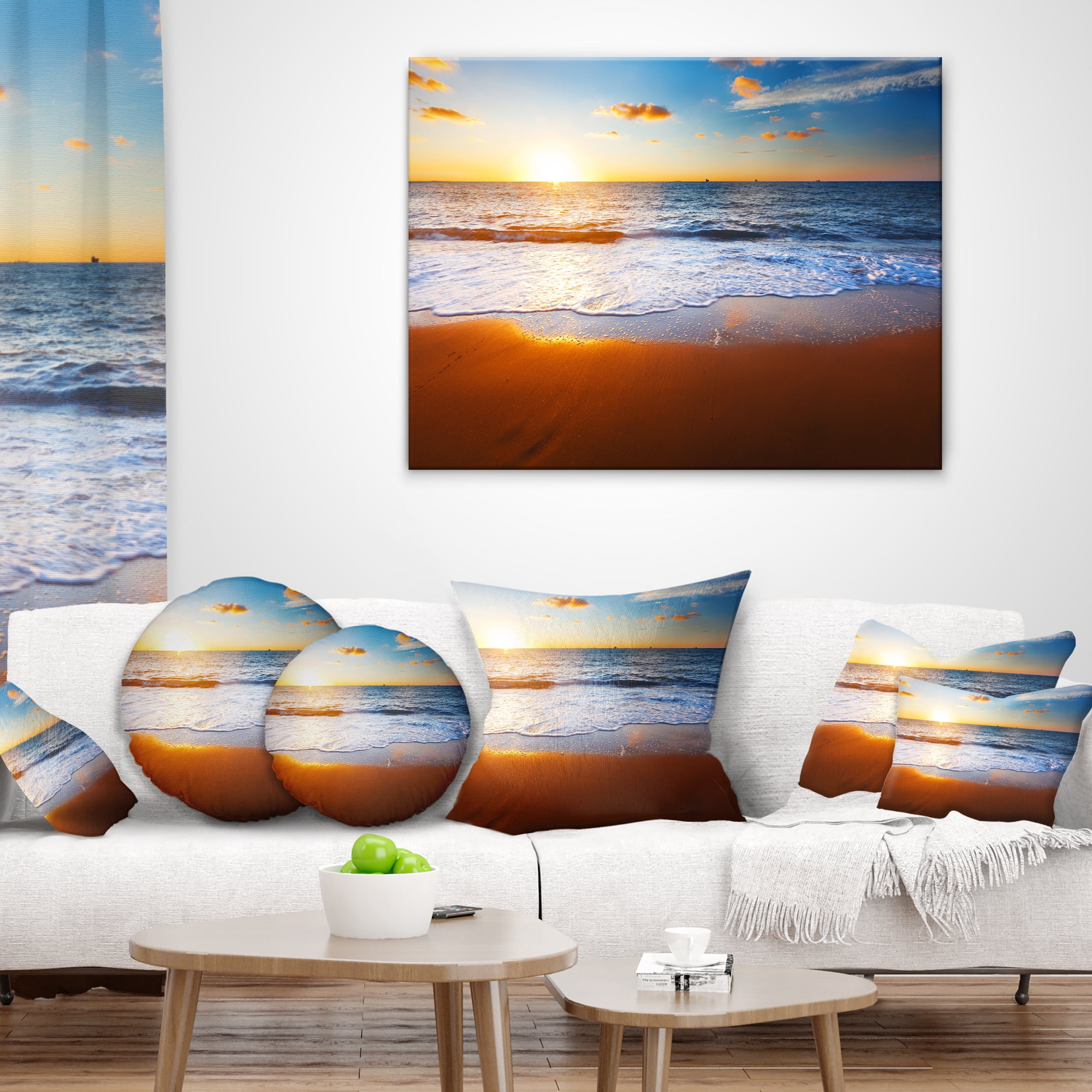 Designart Blue Sea and Sky with Sandy Beach - Seashore Throw Pillow - 12x20