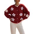 thumbnail image 2 of Women 3D Floral Applique Pearl Button Scalloped Trim Crew Neck Knit Cardigan Red S, 2 of 9