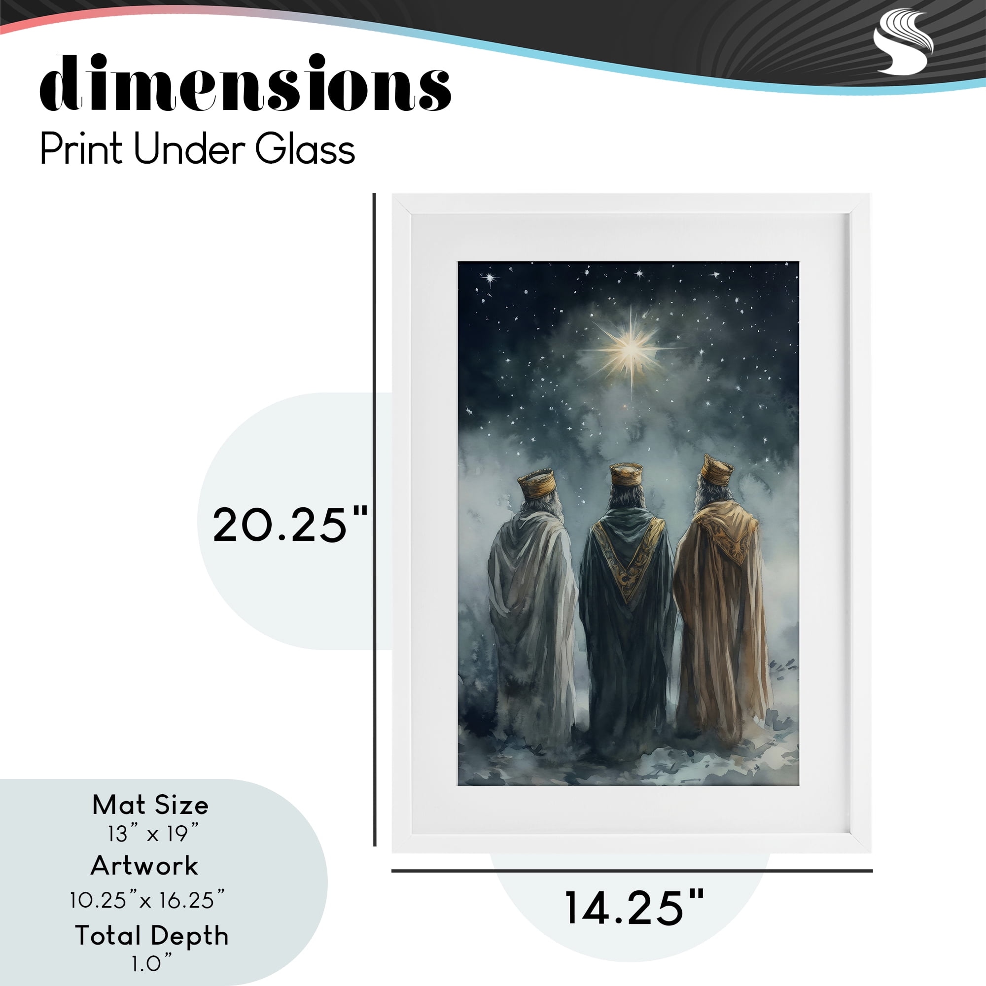 Three Wise Men & North Star White Framed Print Under Glass, design by Petal Prints Design